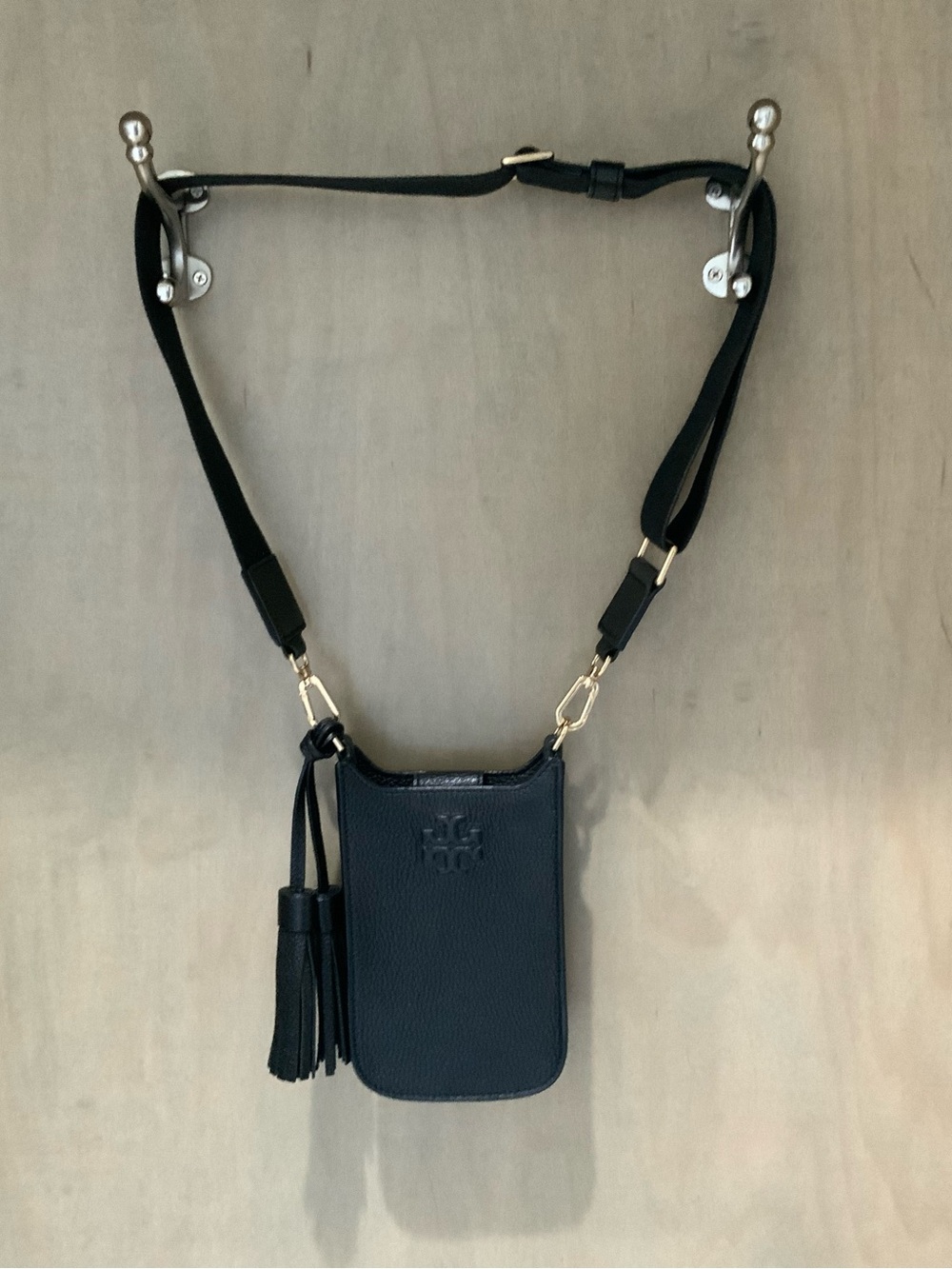 Tory Burch Black Pebbled Leather Crossbody Phone Pouch with Tassel